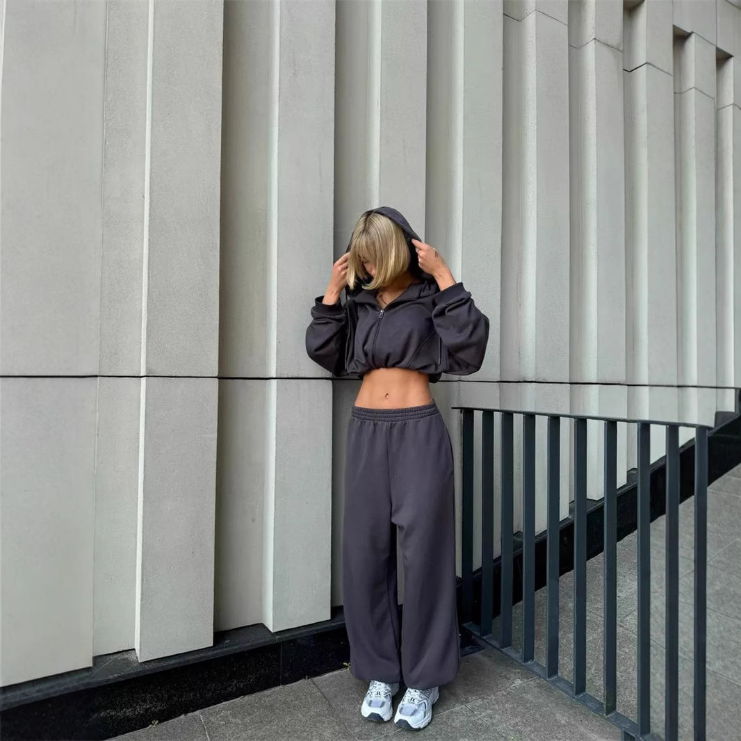 Damen nan kurz geschnittenes Zip-Hoodie und Highwaist Sweathose Lounge-Set mit Kapuze