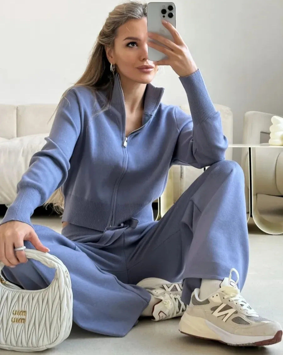 Damen nan gestricktes Loungewear-Zweiteiler mit kurzem Reißverschluss-Cardigan und weitem Highwaist-Hosenbein