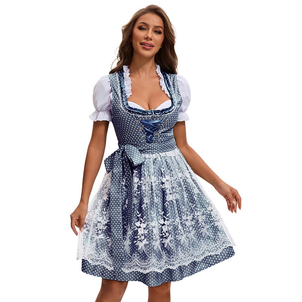 Damen nan traditionelles kurzes Dirndl mit Spitzenapron, Herzausschnitt, Puffärmeln und Schnürung