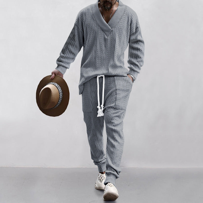 Herren nan gestricktes Lounge-Set mit V-Ausschnitt, Kabelstruktur und Kordelzug-Jogginghose