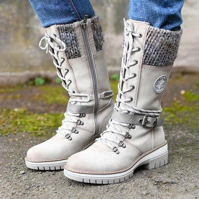 Damen nan gefütterte Schnürstiefel mit gestricktem Schaftbund, dekorativem Schnallenriemen und profilierter Gummisohle