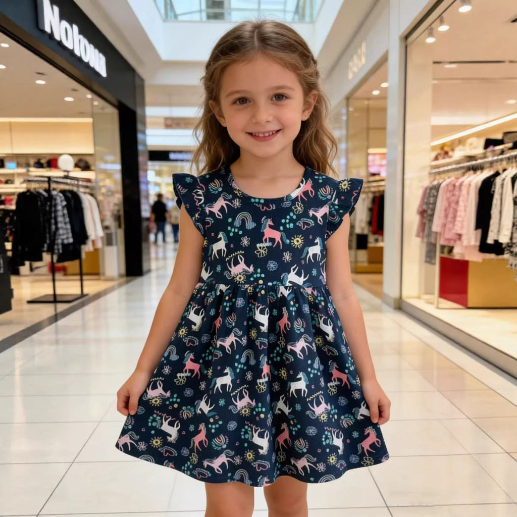 Mädchen Freizeitkleid mit süßen Einhorn- und Blumenmotiven
