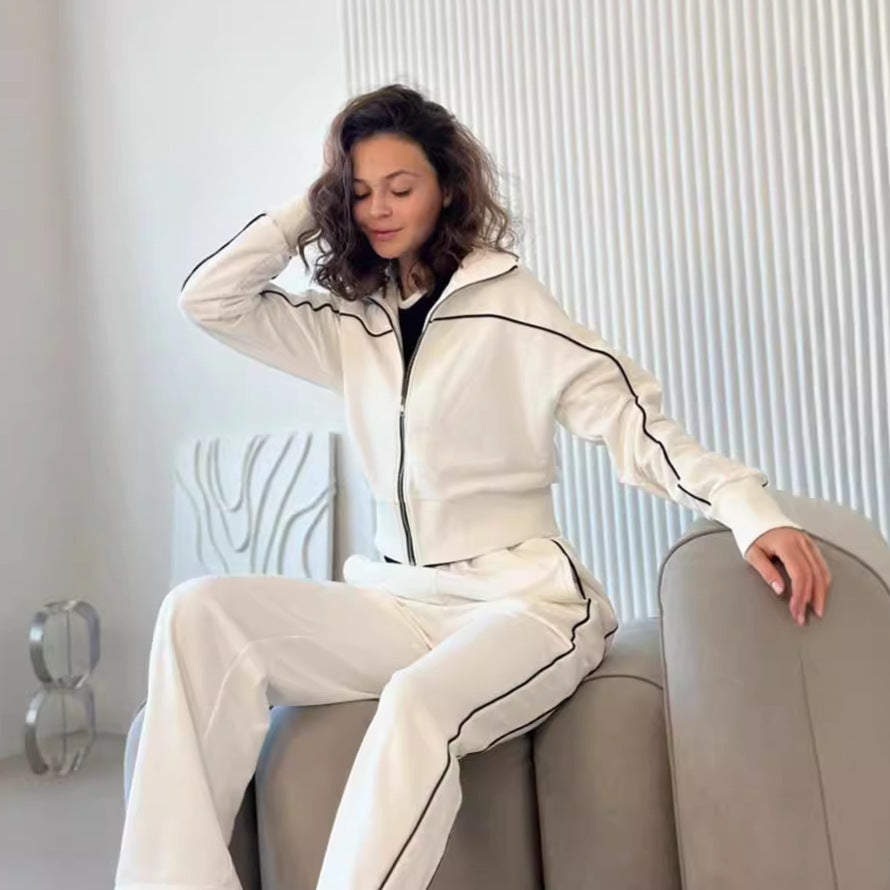 Damen nan zweiteiliges Sport-Loungewear-Set mit Stehkragen und Kontrastpaspel