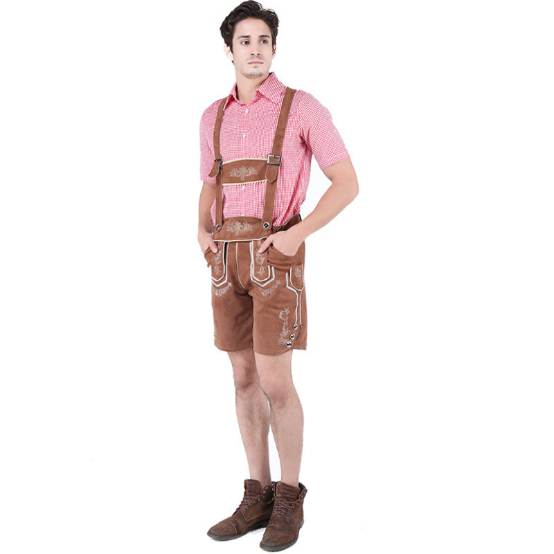 Herren nan kurze Trachtenlederhose aus Wildleder mit bestickter Vorderlatz und verstellbaren Trägern