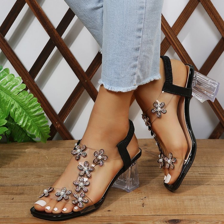 Damen Elegante Sandalen mit Blumenapplikationen und transparentem Absatz Selmira