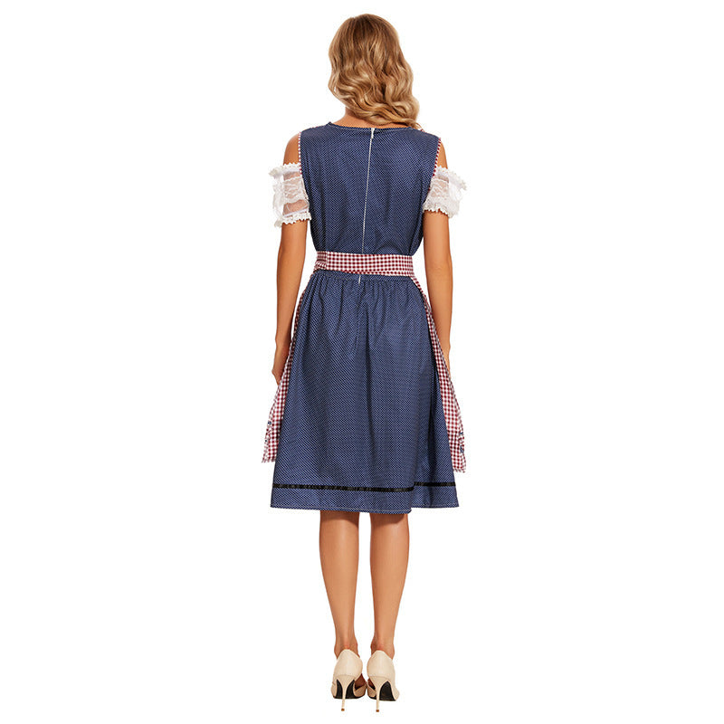 Damen nan traditionelles Trachtenkleid mit Schnürmieder, Spitzenärmeln und karierter Schürze