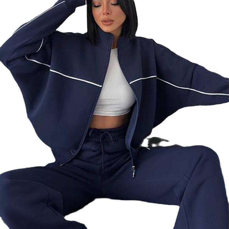 Damen nan Oversize Trainingsanzug Set mit Reißverschluss hohem Kragen und Kontrastpaspeln