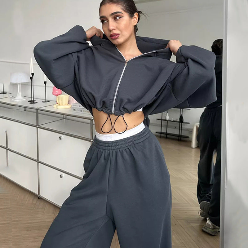 Damen nan cropped Reißverschluss-Hoodie mit Tunnelzugsaum und weitem Sweatpants-Schnitt