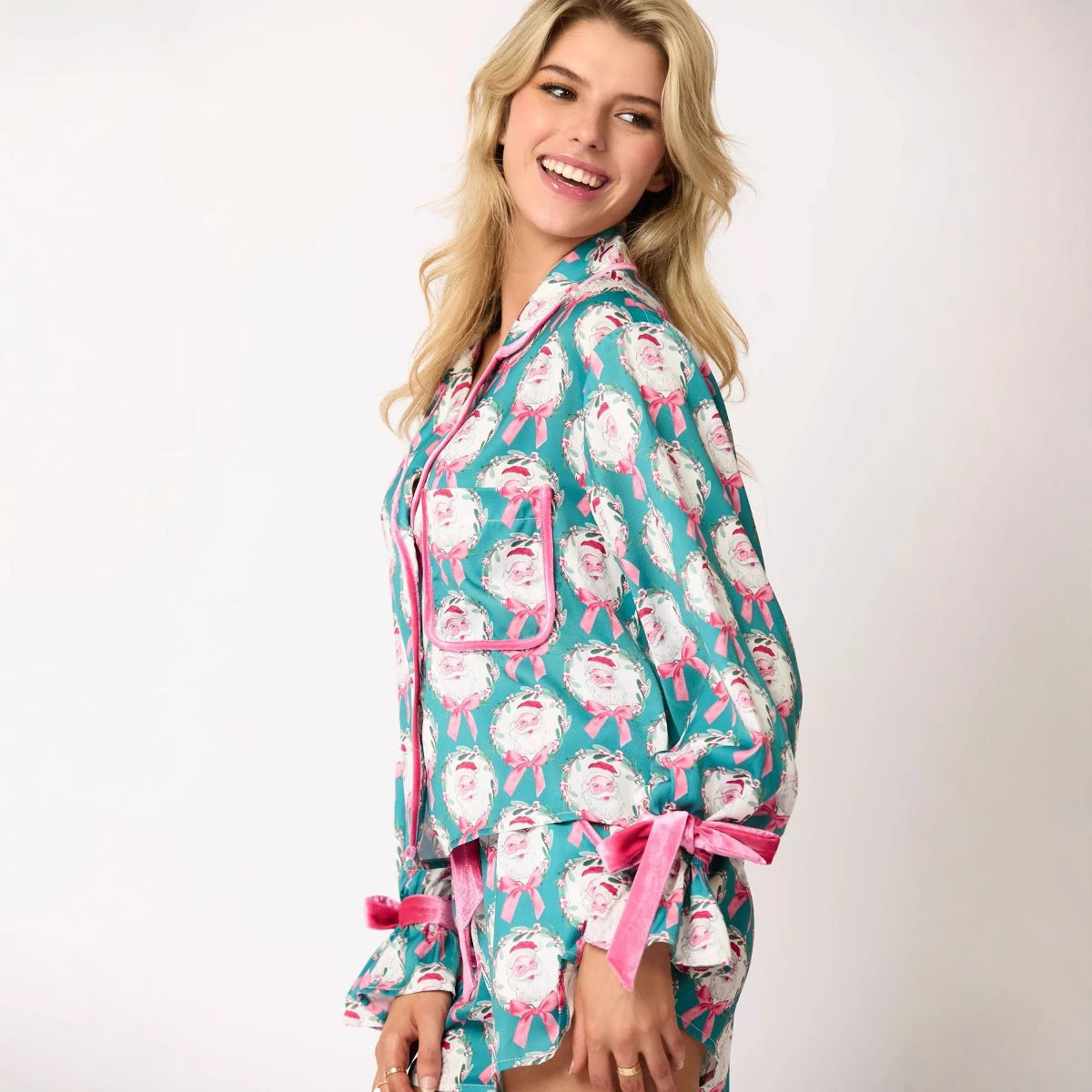 Damen nan verspieltes zweiteiliges Pyjama-Set mit Volantärmeln, Kordelzug und Brusttasche