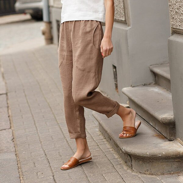 Damen nan leichte Leinenhose mit elastischem Bund, seitlichen Eingrifftaschen und gekrempeltem Saum