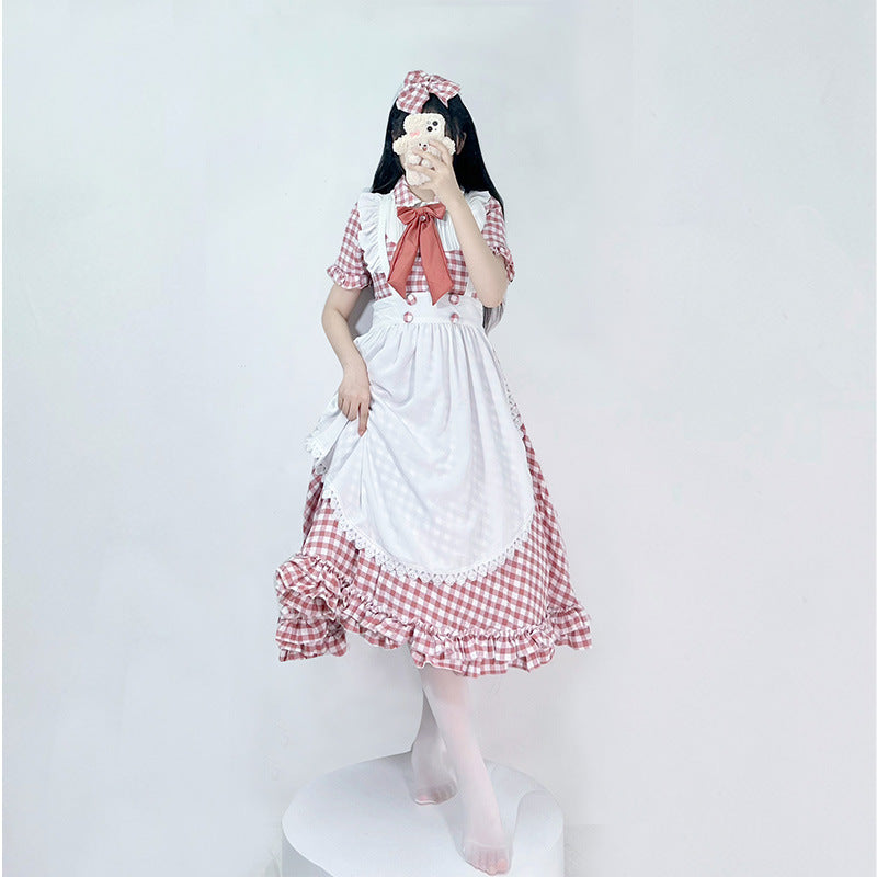 Damen nan vintage-inspiriertes Lolita-Kleid mit Karomuster Volants und abnehmbarer Schürze
