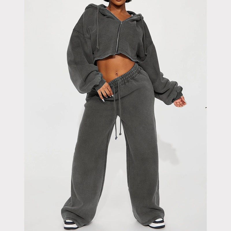 Damen nan Kapuzen-Crop-Top und weite Jogginghose Lounge-Set aus weichem Fleece