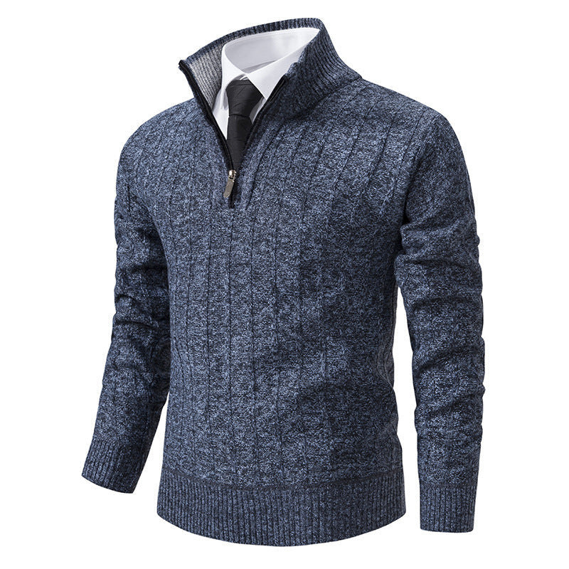 Herren nan Halbzip-Strickpullover mit strukturierter Zopfoptik, wärmendem Stehkragen und schmaler Silhouette