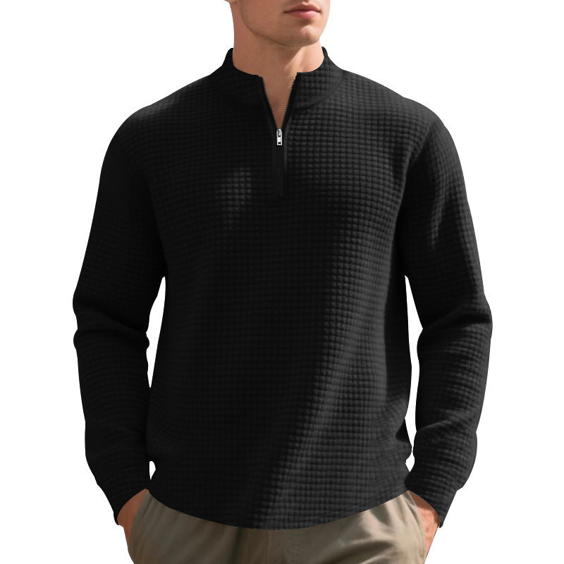 Herren nan leichtes Waffelstrick-Halbzip-Pullover mit Stehkragen und atmungsaktivem Baumwollmix