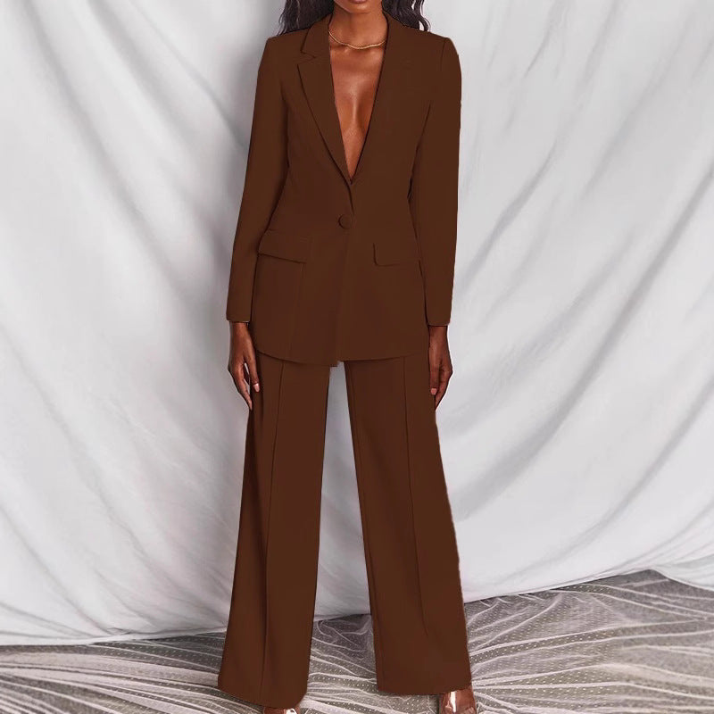 Damen nan taillierter Ein-Knopf-Blazer mit Pattentaschen und weiter Palazzo-Hose Hosenanzug