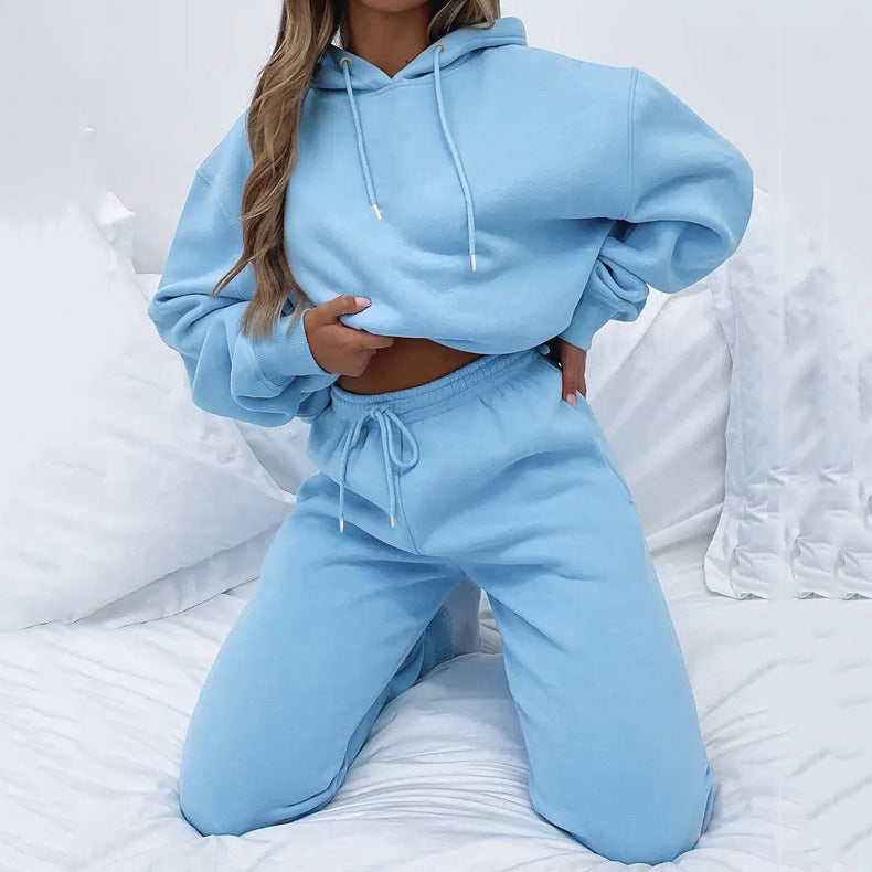 Damen nan Cropped Kapuzenjacke und High-Waist Jogginghose Set aus French Terry mit elastischem Bund