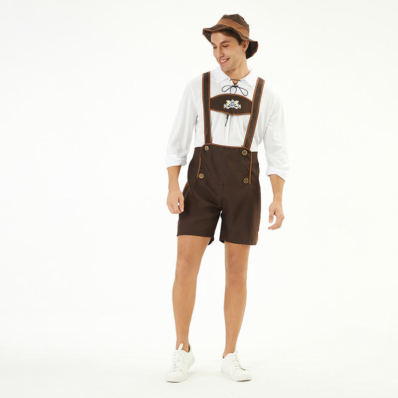 Herren nan traditionelle Kurzlederhose mit verstellbaren Trägern und dekorativem Brustlatz