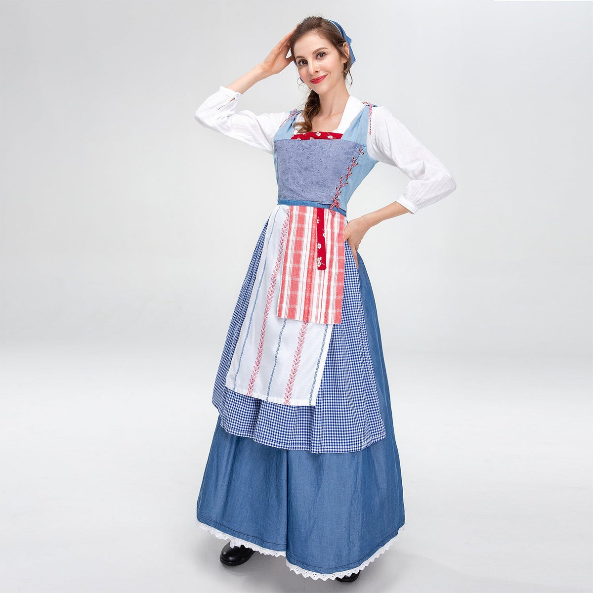 Damen nan ländliches Trachtenkleid mit Latzmieder und mehrlagiger Schürze
