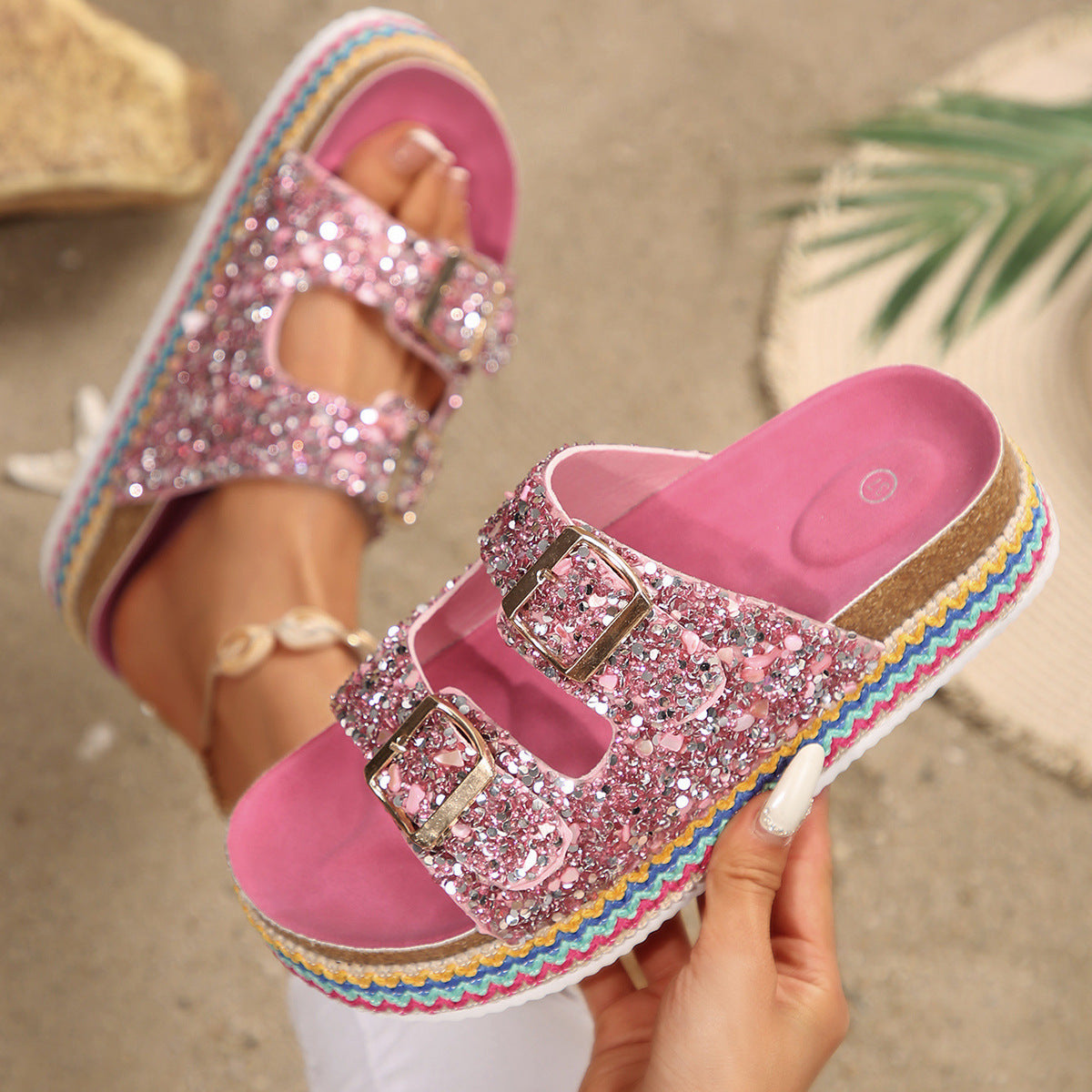 Damen Glitzernde Plateau-Sandalen mit Doppelschnalle und mehrfarbigem Boden Selmira