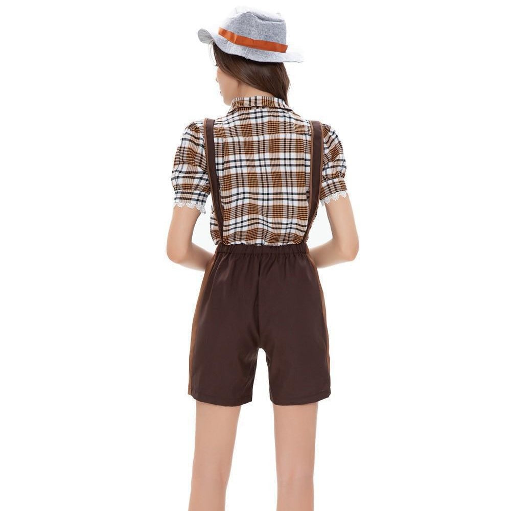 Damen nan Trachten-Shorts mit besticktem Latz, verstellbaren Trägern und karierter Bluse