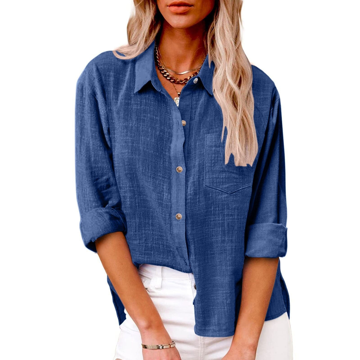 Damen nan oversized Leinen-Baumwollmix Hemdbluse mit Brusttasche und krempelbaren Ärmeln
