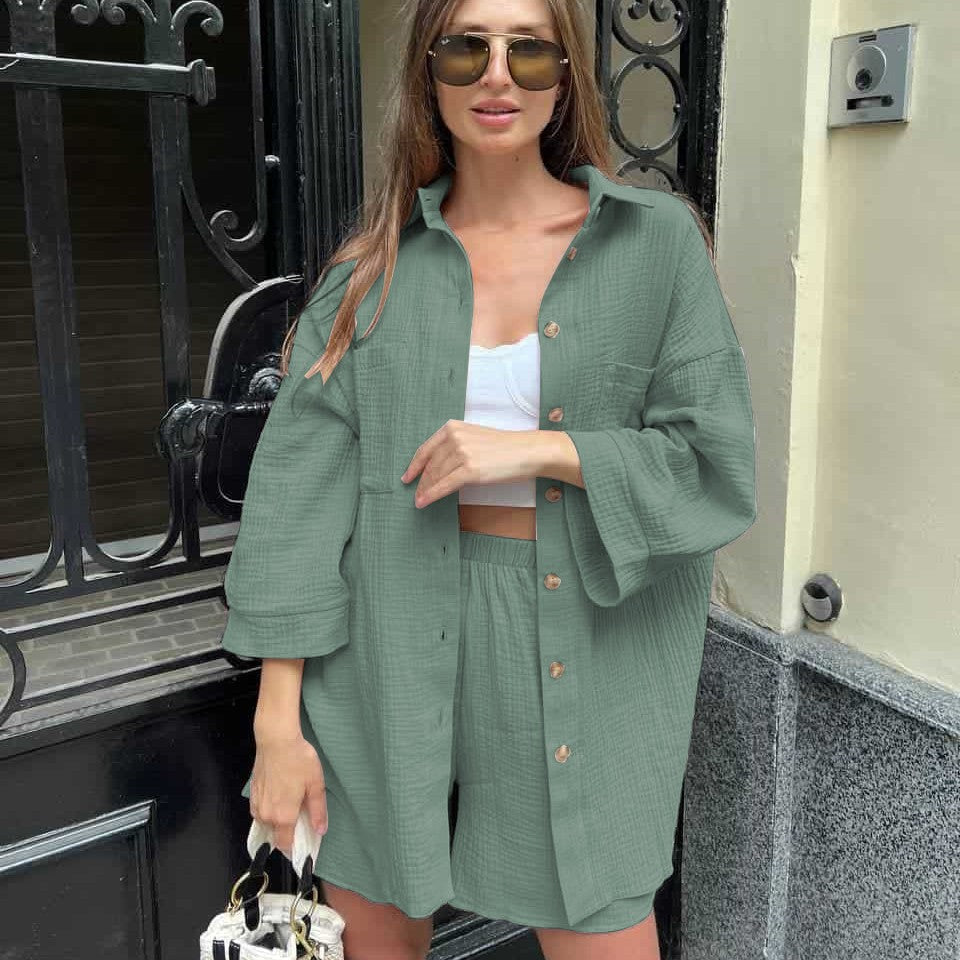 Damen nan lässiges Musselin-Zweiteiler Set mit Oversize-Hemd und elastischer Highwaist-Shorts