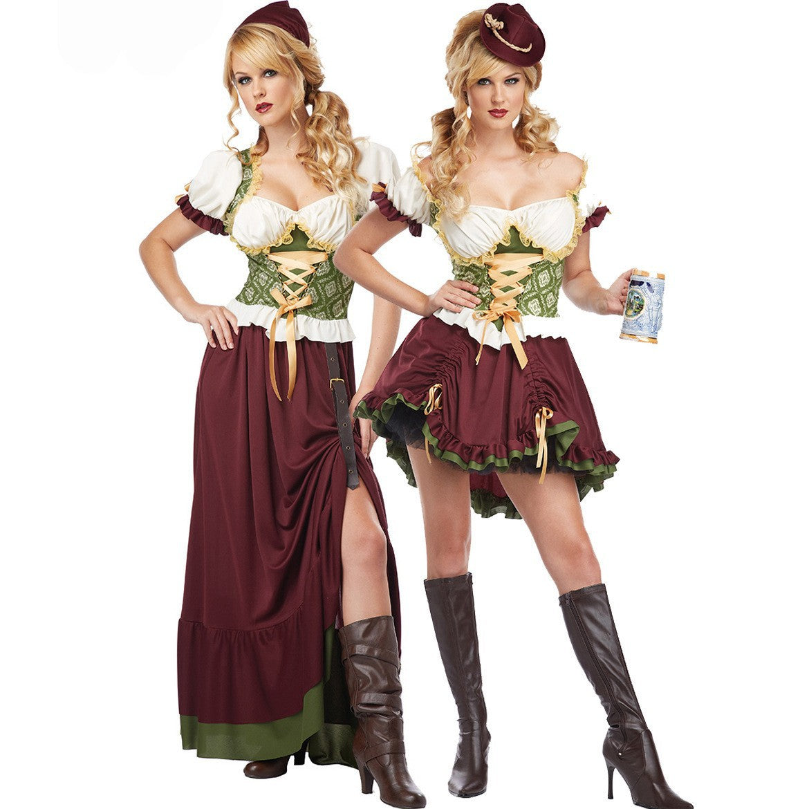 Damen nan geschnürtes Mittelalterkleid mit Corsagenmieder, Puffärmeln und hohem Rockschlitz