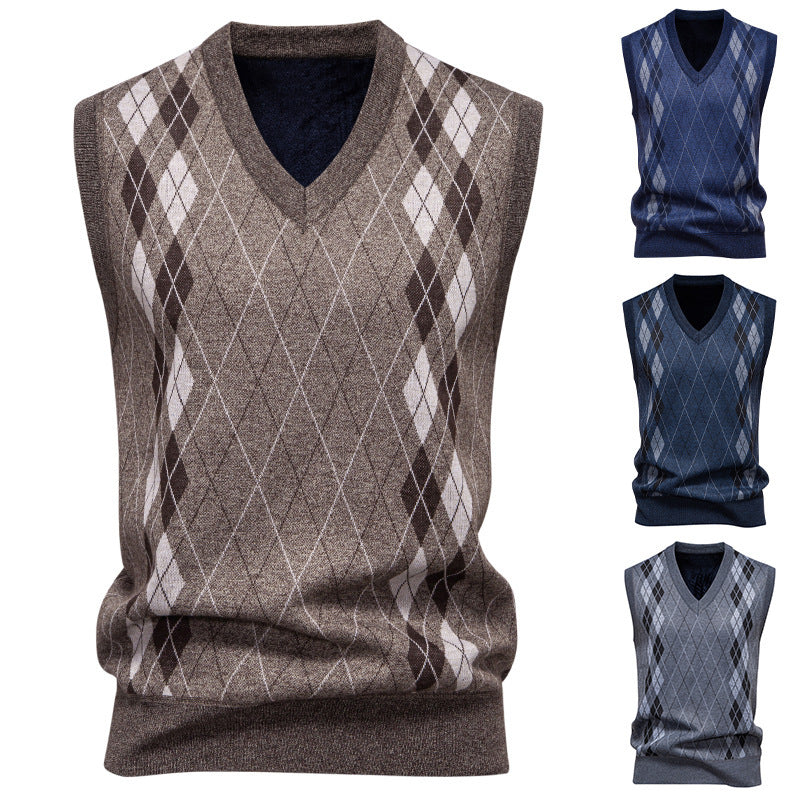 Herren nan elegante Rautenmuster-Strickweste mit V-Ausschnitt und leichtem Baumwollmix