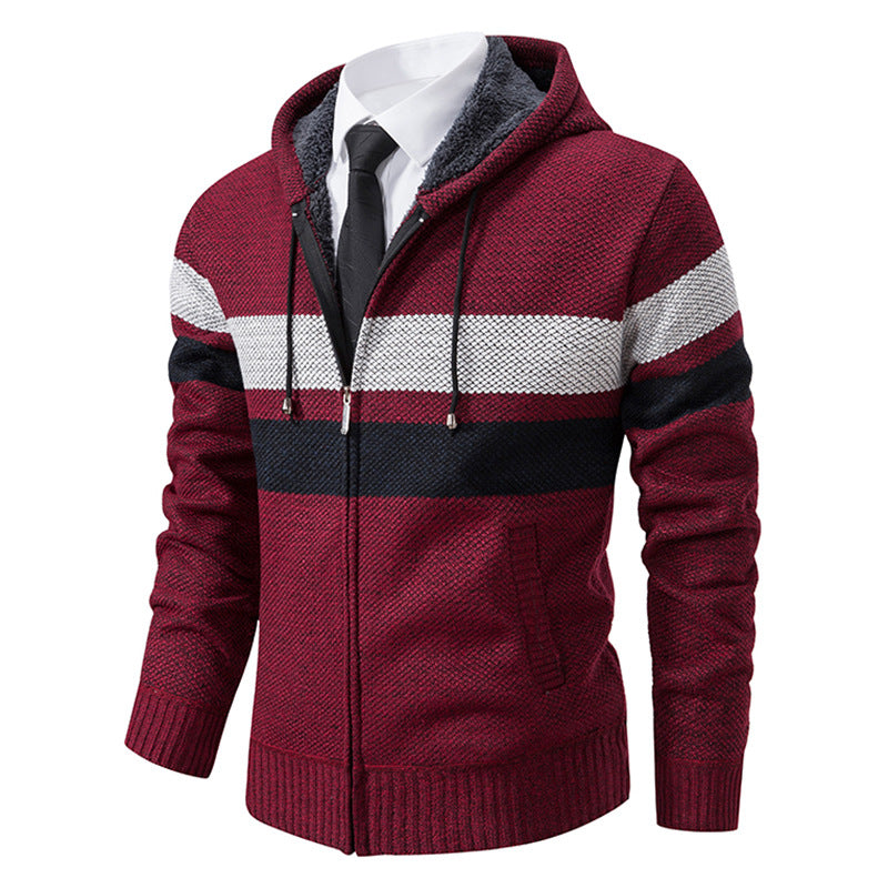 Herren nan gefütterte Kapuzen-Strickjacke mit Teddyfutter, durchgehendem Reißverschluss und kontrastierenden Streifen