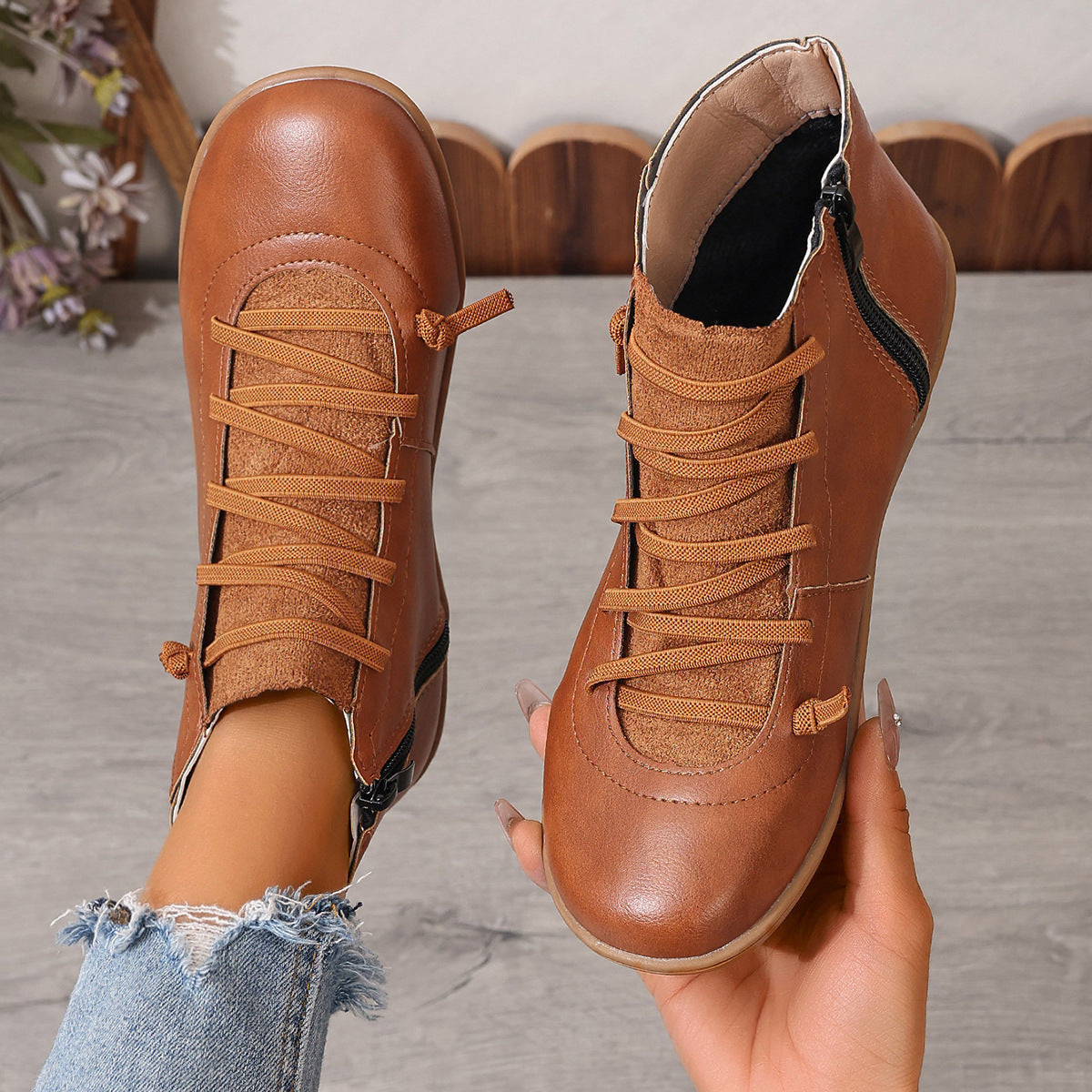 Damen nan sportliche knöchelhohe Schnürstiefelette mit seitlichem Reißverschluss und flexibler Gummisohle