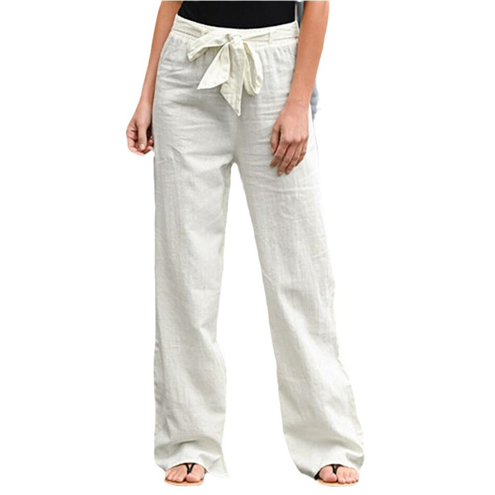 Damen nan weite Leinenhose mit Tunnelzugbund, geradem Bein und Eingrifftaschen