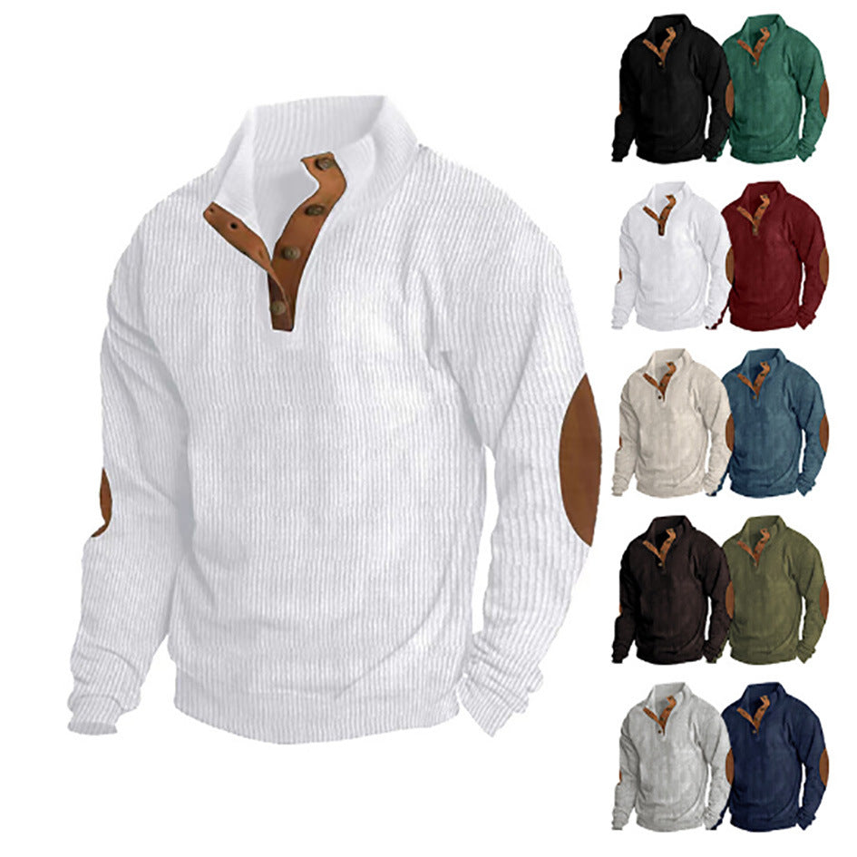 Herren nan grober Rippstrick-Pullover mit Stehkragen, Knopfleiste und markanten Ellenbogenpatches