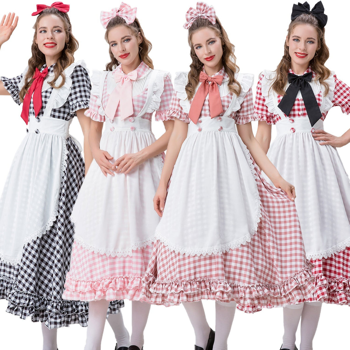Damen nan Vintage-inspiriertes Karo-Swingkleid mit abnehmbarer Schürze, Rüschenärmeln und Schleifenkragen
