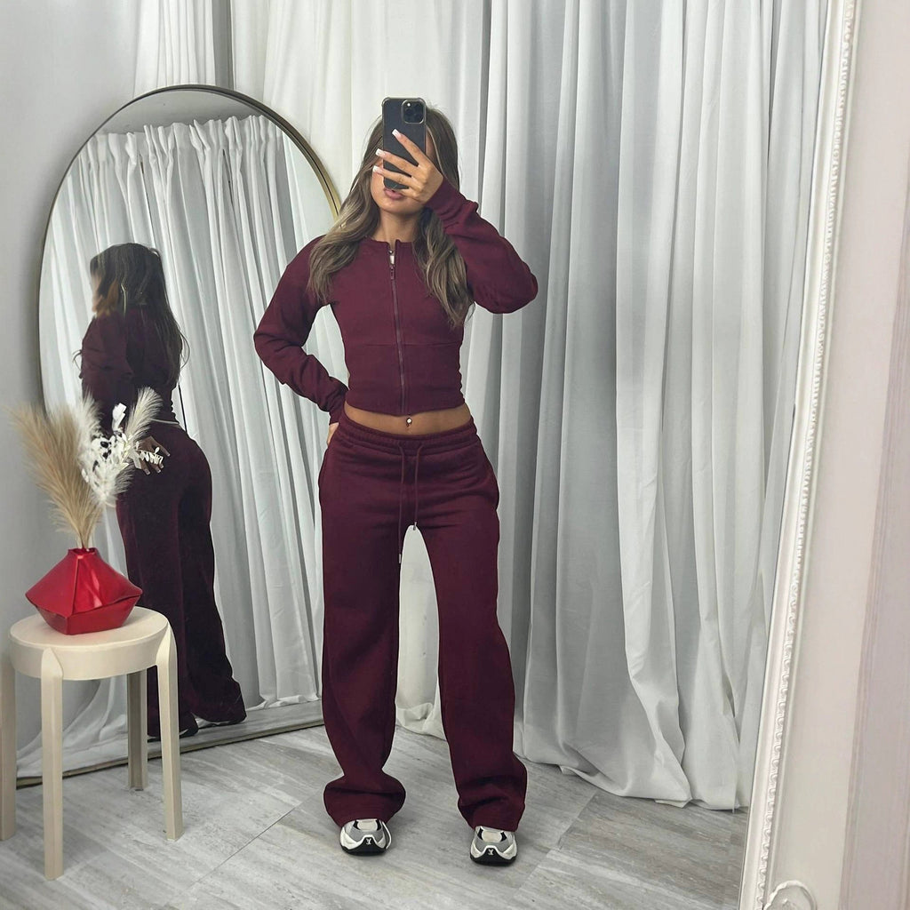 Damen nan kurzes Zip-Cropped-Shirt mit formendem Bund und breite Relax-Sweatpants mit Tunnelzug