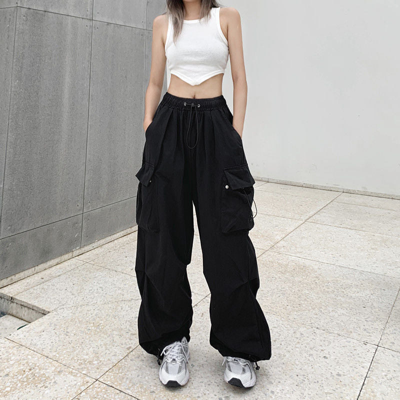 Damen nan weite Cargo-Hose mit Tunnelzugbund, verstellbarem Saum und Mehrfachtaschen