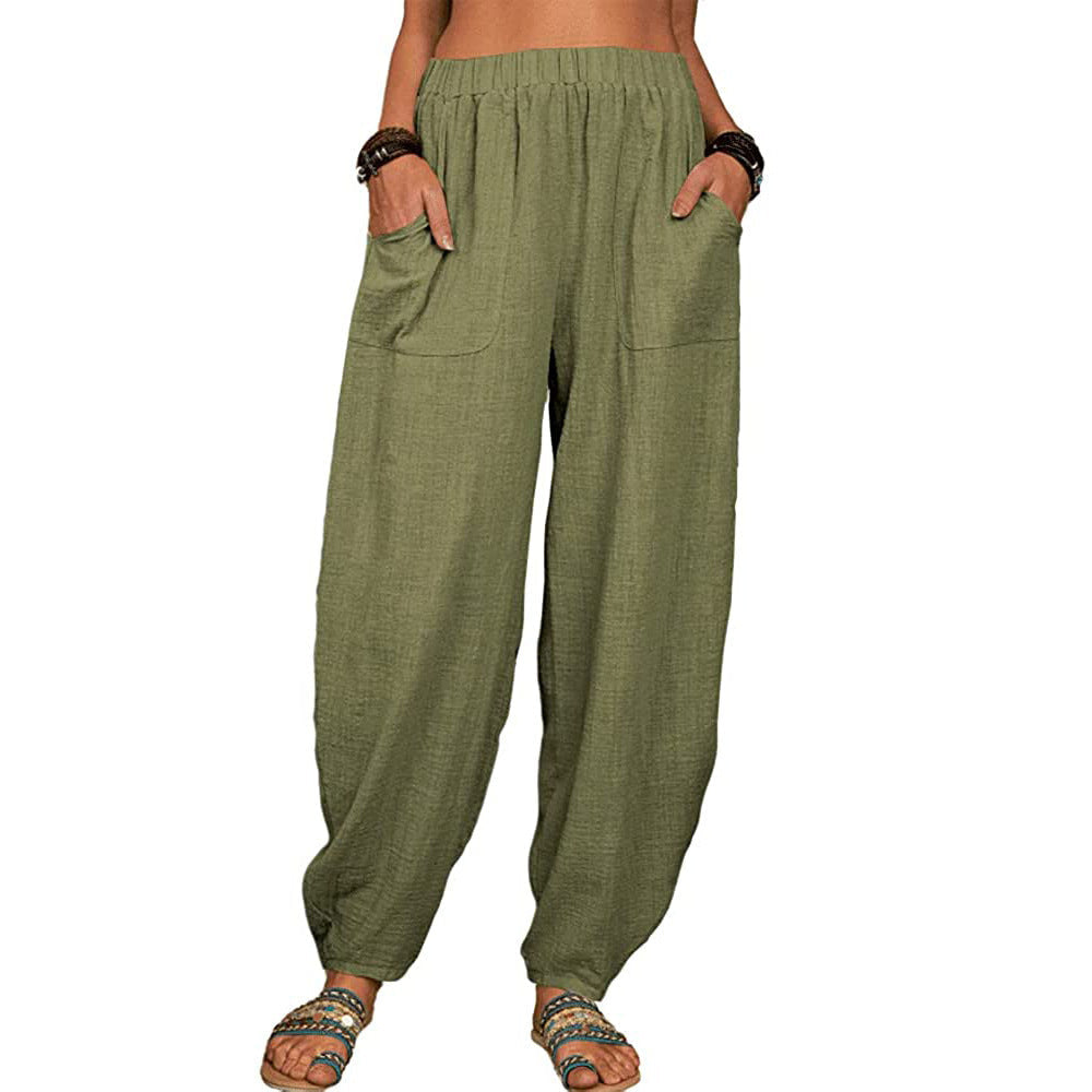 Damen nan lockere Leinenhose mit weitem Bein elastischem Bund und großen aufgesetzten Taschen