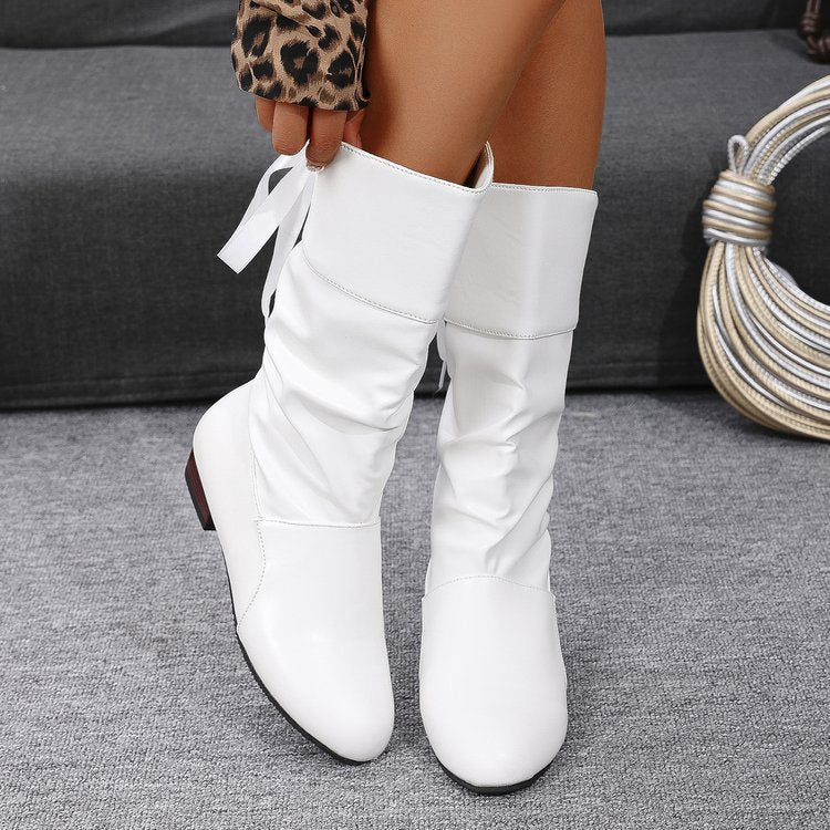 Damen nan schafthöhe Stiefel mit Raffung, rückseitiger Schnürung und niedrigem Blockabsatz