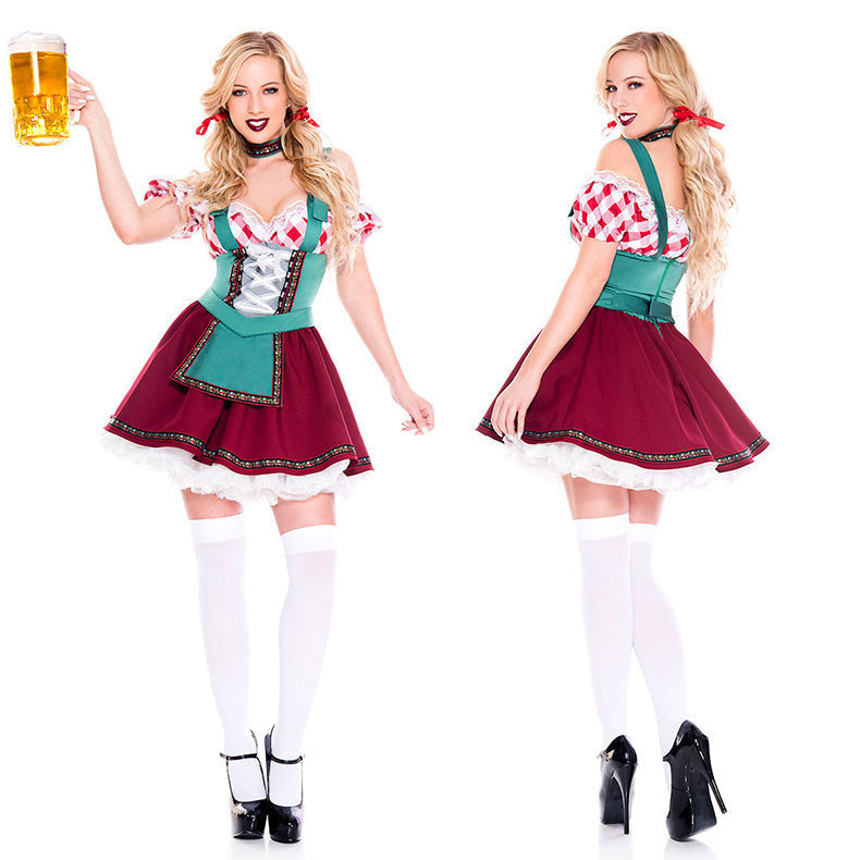 Damen nan Oktoberfest-Kostüm im Trachtenstil mit geschnürter Miederfront, Puffärmeln und ausgestelltem Schürzenrock