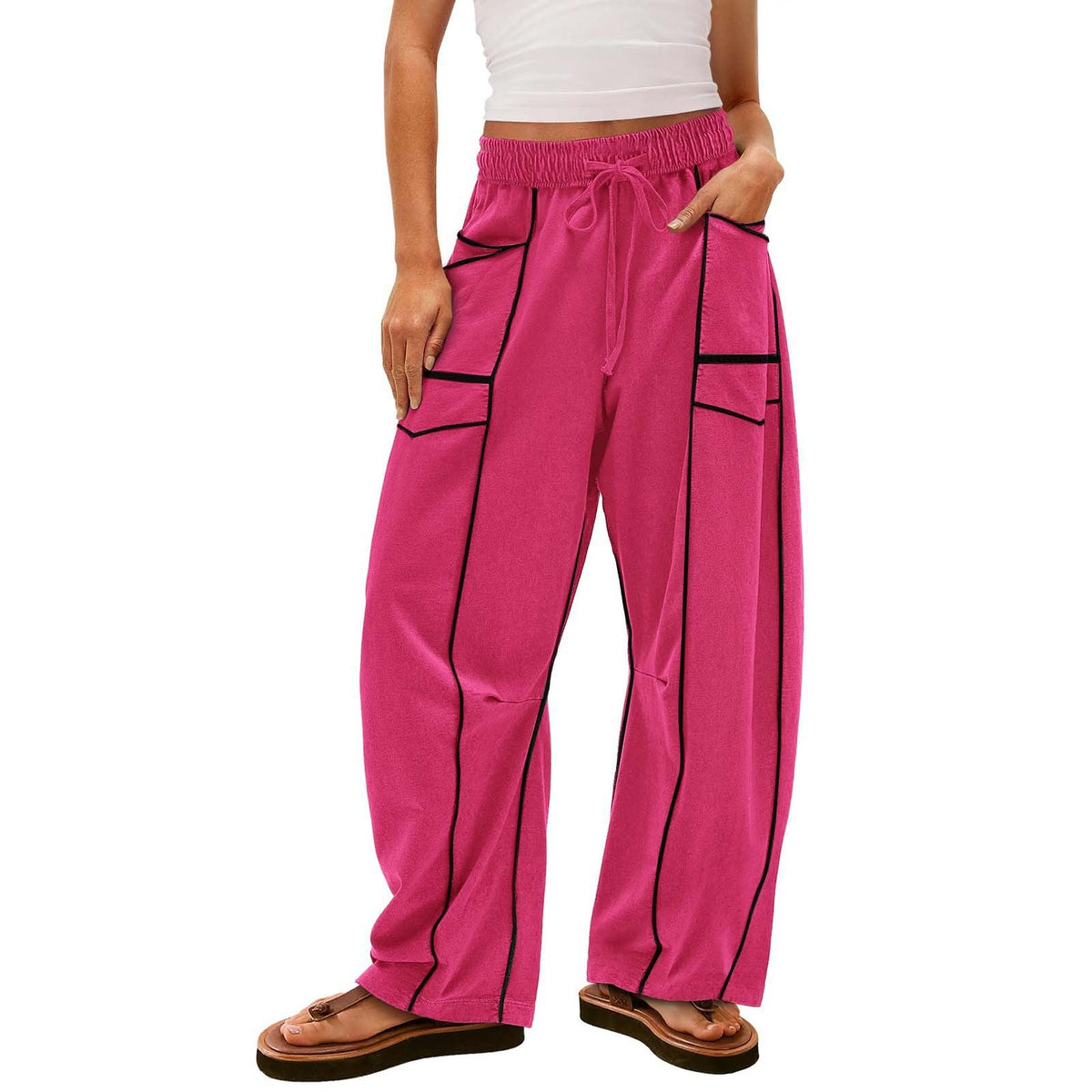 Damen nan weite Lounge-Hose mit Kordelzug, Kontrastpaspelierung und Cargo-Taschen