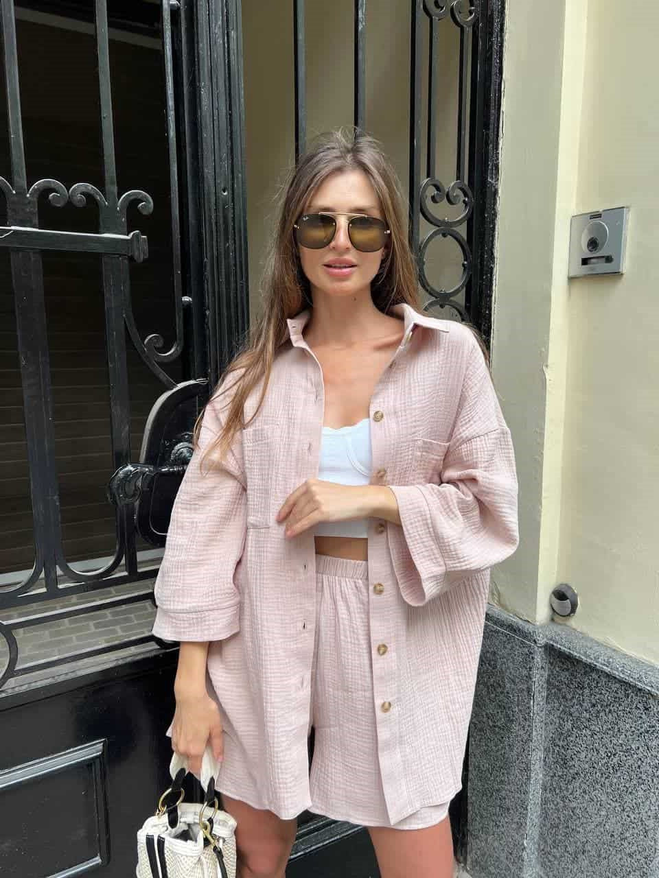 Damen nan lässiges Musselin-Zweiteiler Set mit Oversize-Hemd und elastischer Highwaist-Shorts