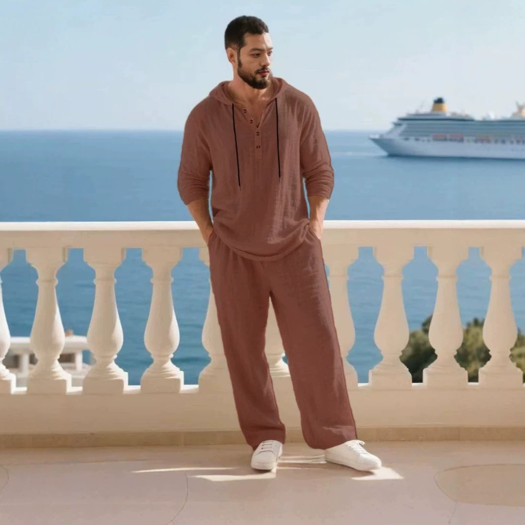 Herren nan lässiges Leinenzweiteiler-Set mit Kapuzenhemd im Henley-Stil und weiten Freizeit-Hosen