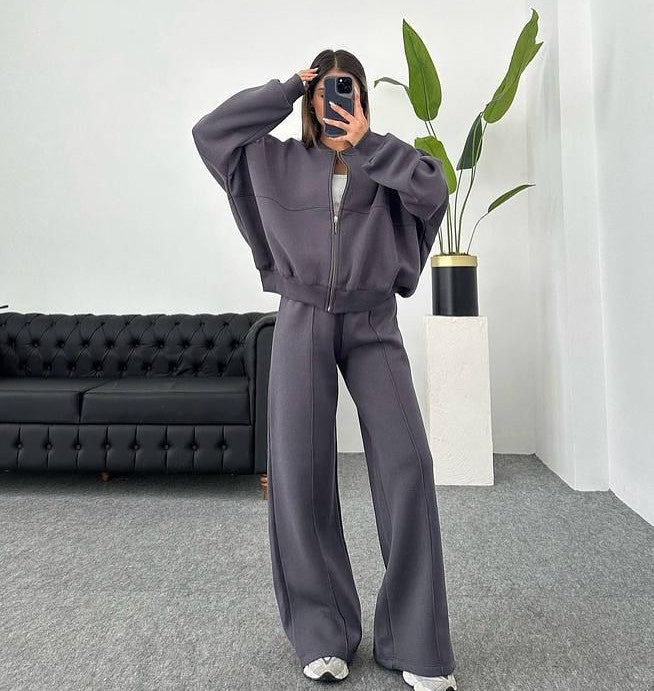Damen nan Oversize Reißverschlussjacke mit weiter High-Waist Loungehose Set