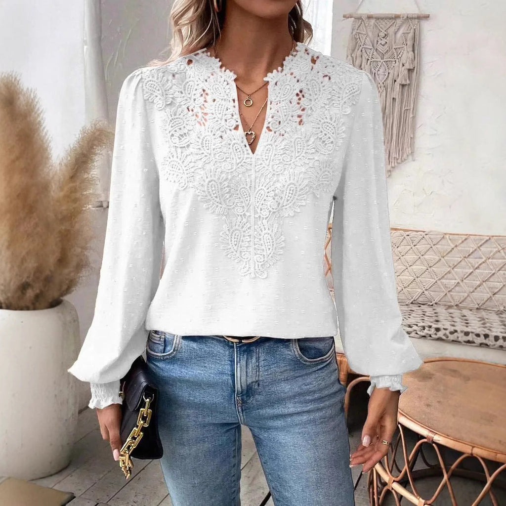 Damen nan Spitzenapplikation V-Ausschnitt Bluse mit Strukturpunkt, gerafften Manschetten und leicht taillierter Silhouette