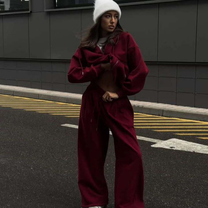 Damen nan weites Lounge-Set mit Zip-Hoodie, Kängurutasche und extraweiter Highwaist-Jogginghose