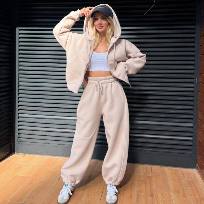 Damen nan kurzes Zip-Hoodie und Highwaist Jogginghose Set mit elastischem Komfortbund und seitlicher Paspel