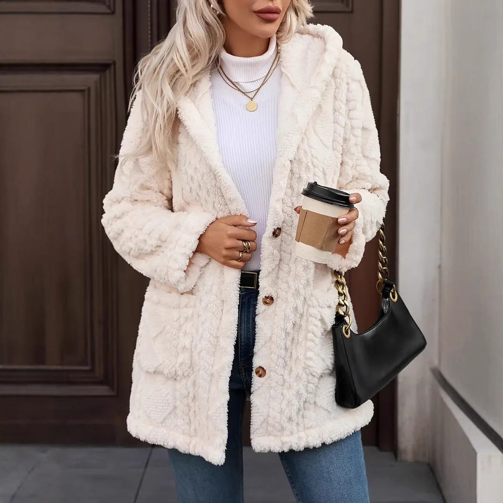 Damen angenehme und weiche Plüschjacke mit Kapuze und Taschen Selmira