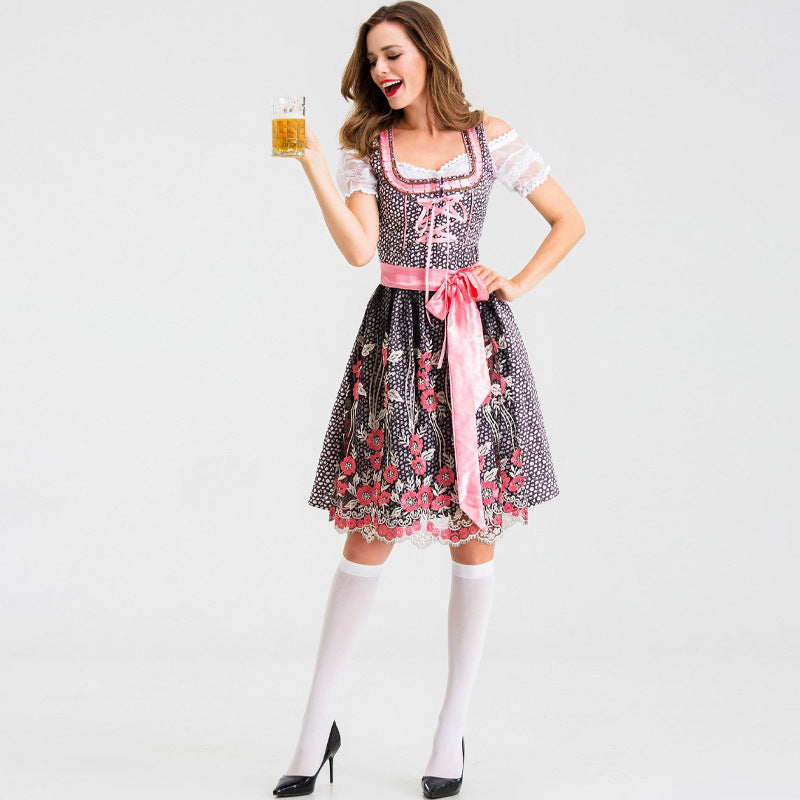 Damen nan traditionelles Kurzdirndl mit Spitzenärmeln, Schnürung und floraler Schürze