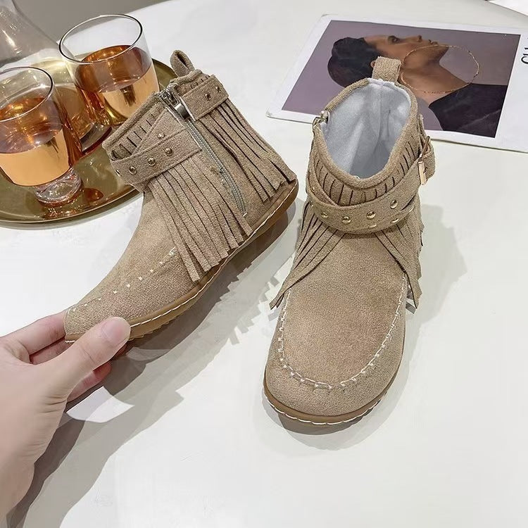 Damen nan Fransen-Mokassin-Stiefelette mit Ziergurt, Schnalle und weicher Gummisohle