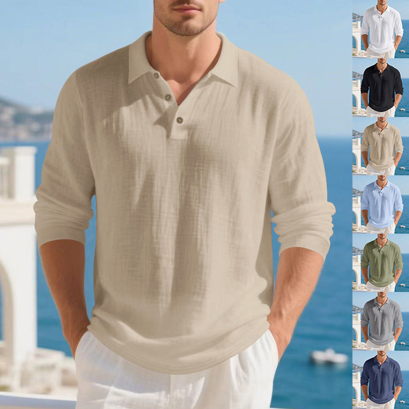 Herren nan langärmliges Baumwoll-Musselin Polohemd mit Holzknopfleiste und klassischem Kragen