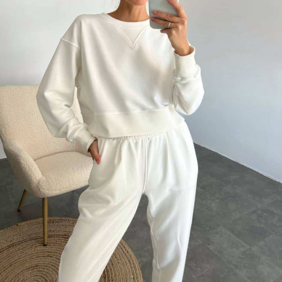 Damen nan Cropped-Sweater-Set mit V-Nahtdetail und hoher Taille Jogginghose